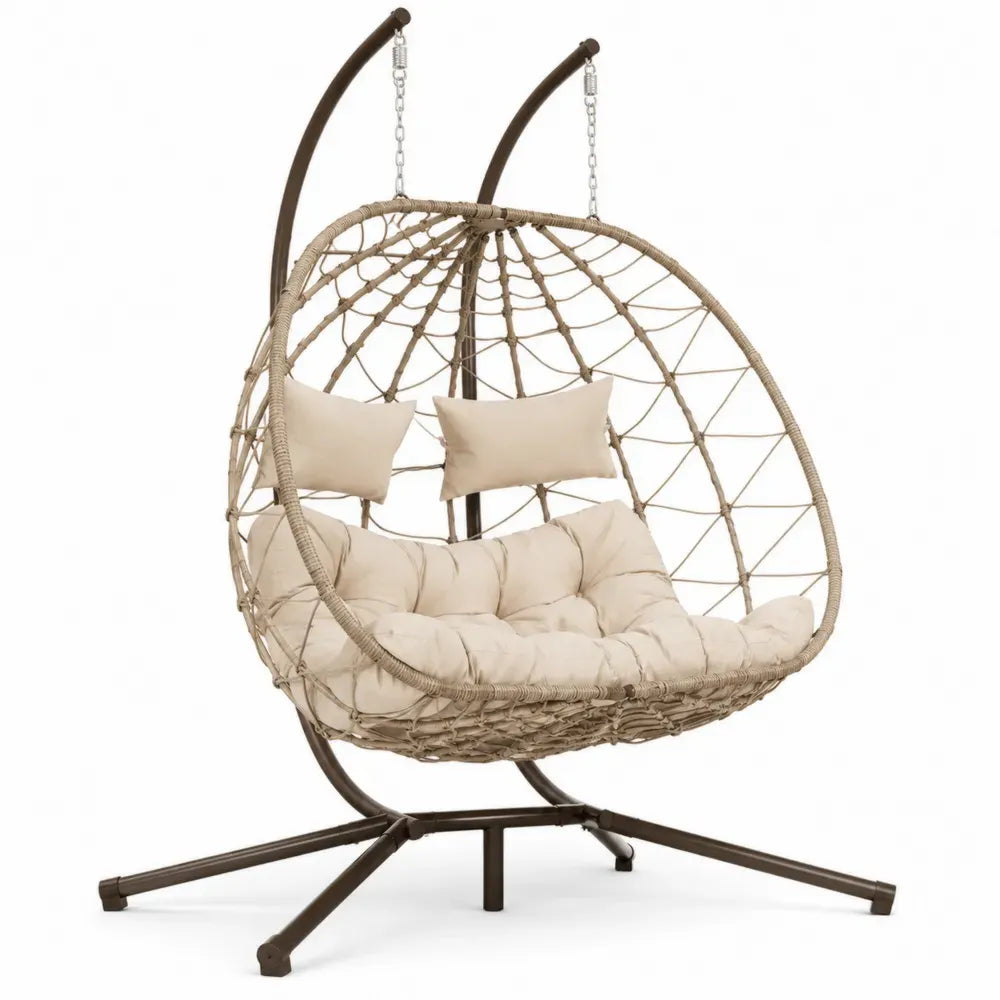 Metall Doppel-Hängesessel Rattan-Geflecht Beige