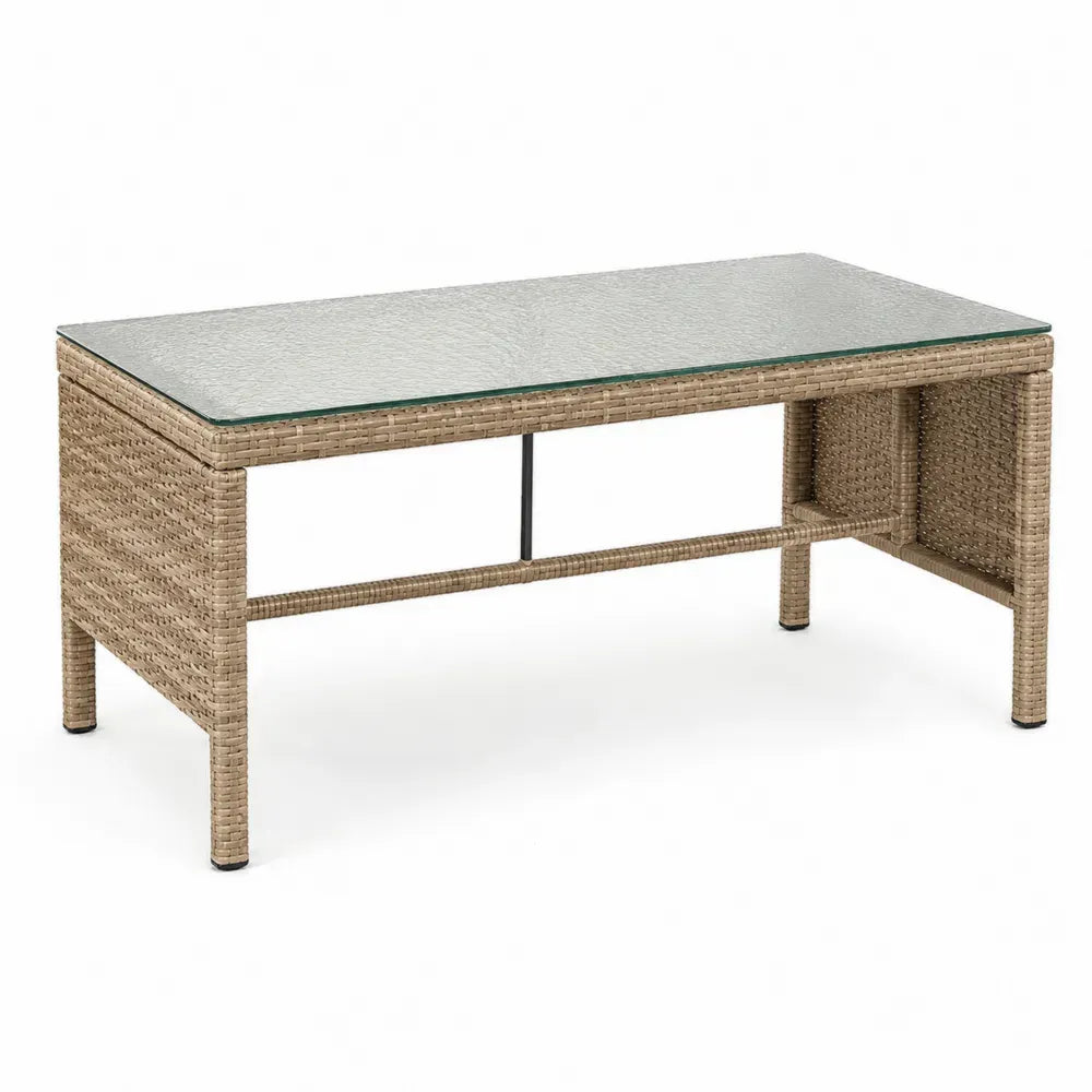 Rechteckiger Rattan-Gartentisch mit Glasplatte 120x60x45cm