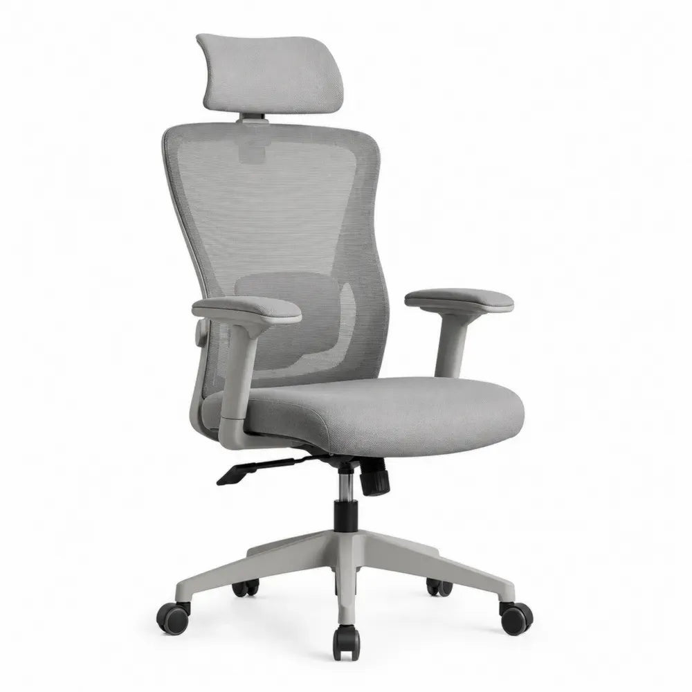 Ergonomischer Netzstoff-Bürostuhl mit Kopfstütze und Armlehnen, grau