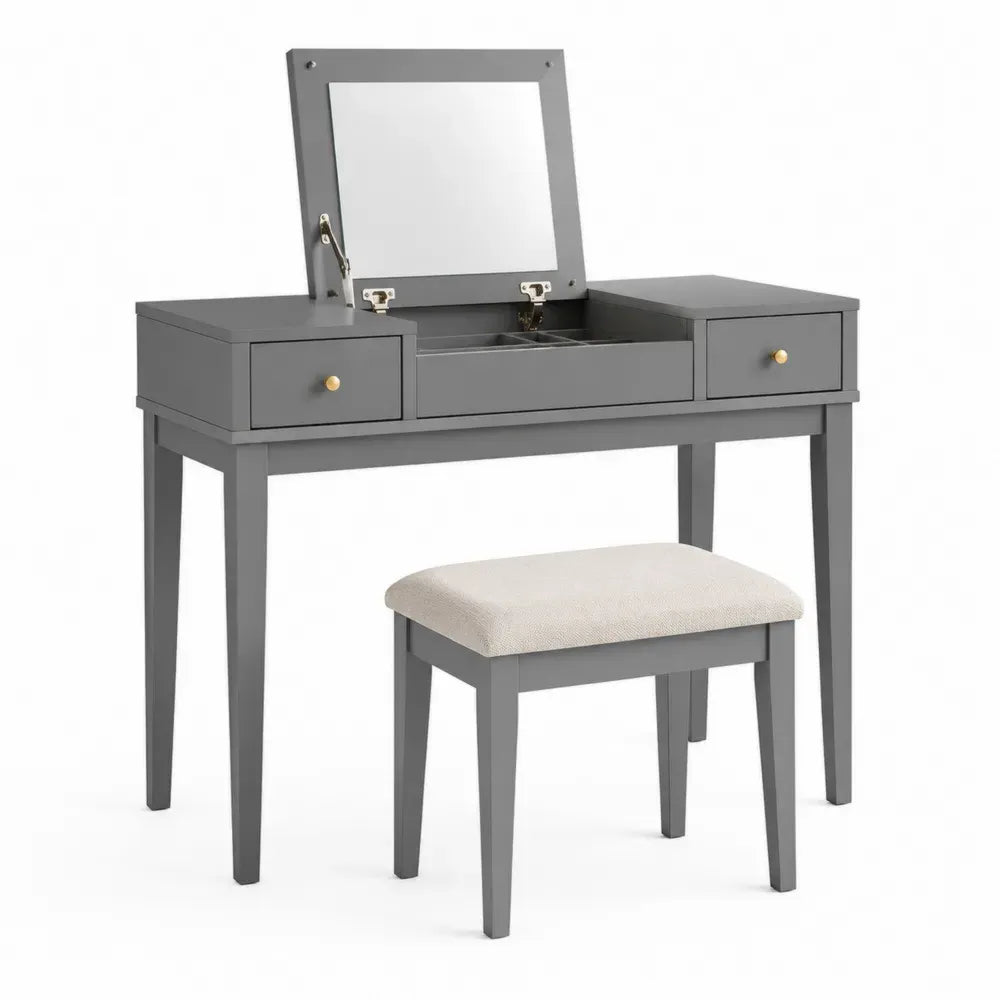 Schminktisch-Set mit Hocker aus Holz und Leinen in Grau