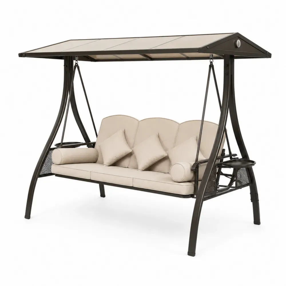 Metall-3-Sitzer Gartenschaukel mit Polyester-Dach Beige