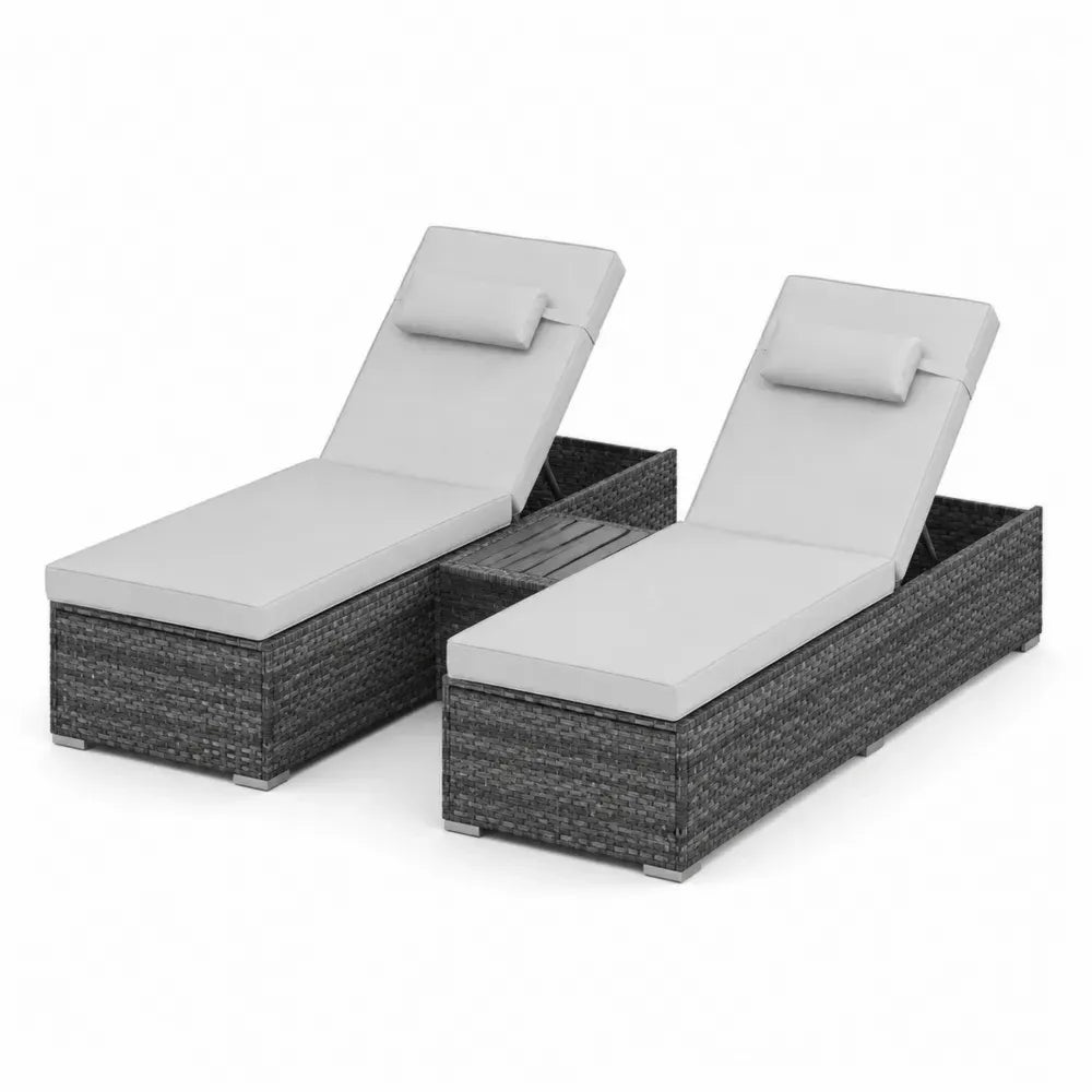 Polyethylen-Rattan Gartenliegen Set mit Verstellbarer Rückenlehne und Polyesterpolstern Grau/Beige