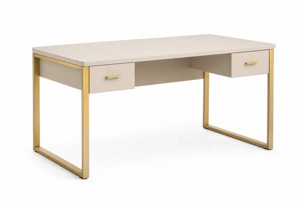 Schreibtisch mit zwei Schubladen und goldenem Metallrahmen, Beige