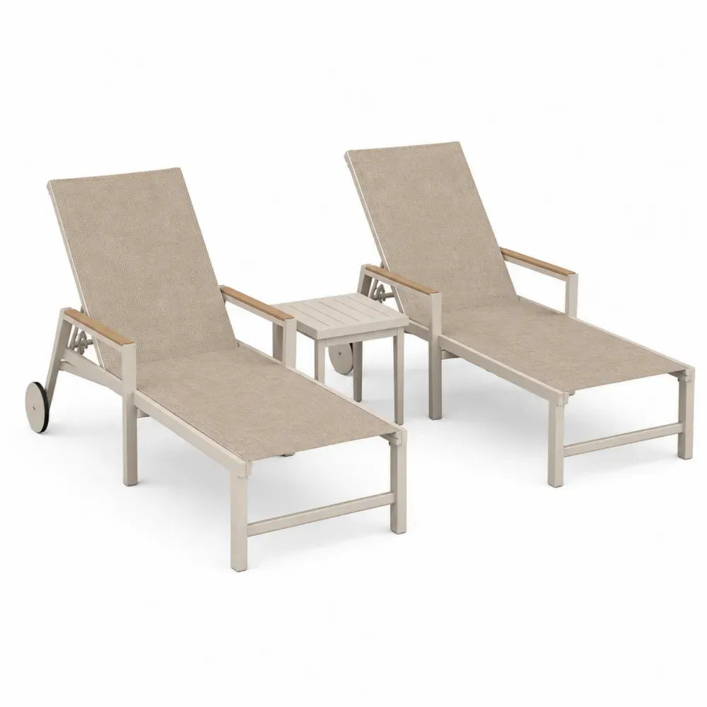 Aluminium-Gartenmöbel Set mit Textilgewebe, Beige, 2 Sonnenliegen und Tisch