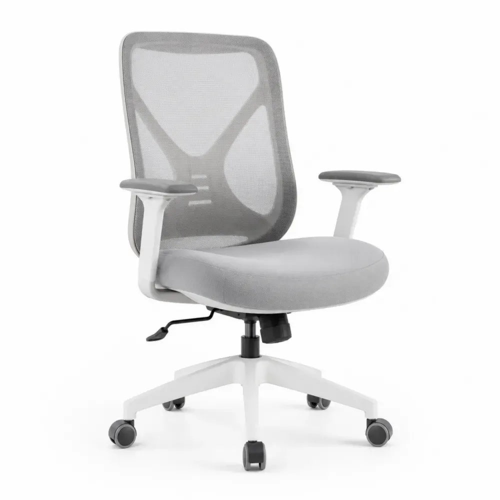 Ergonomischer Bürostuhl mit Netzrücken, grauem Polstersitz und weißem Gestell