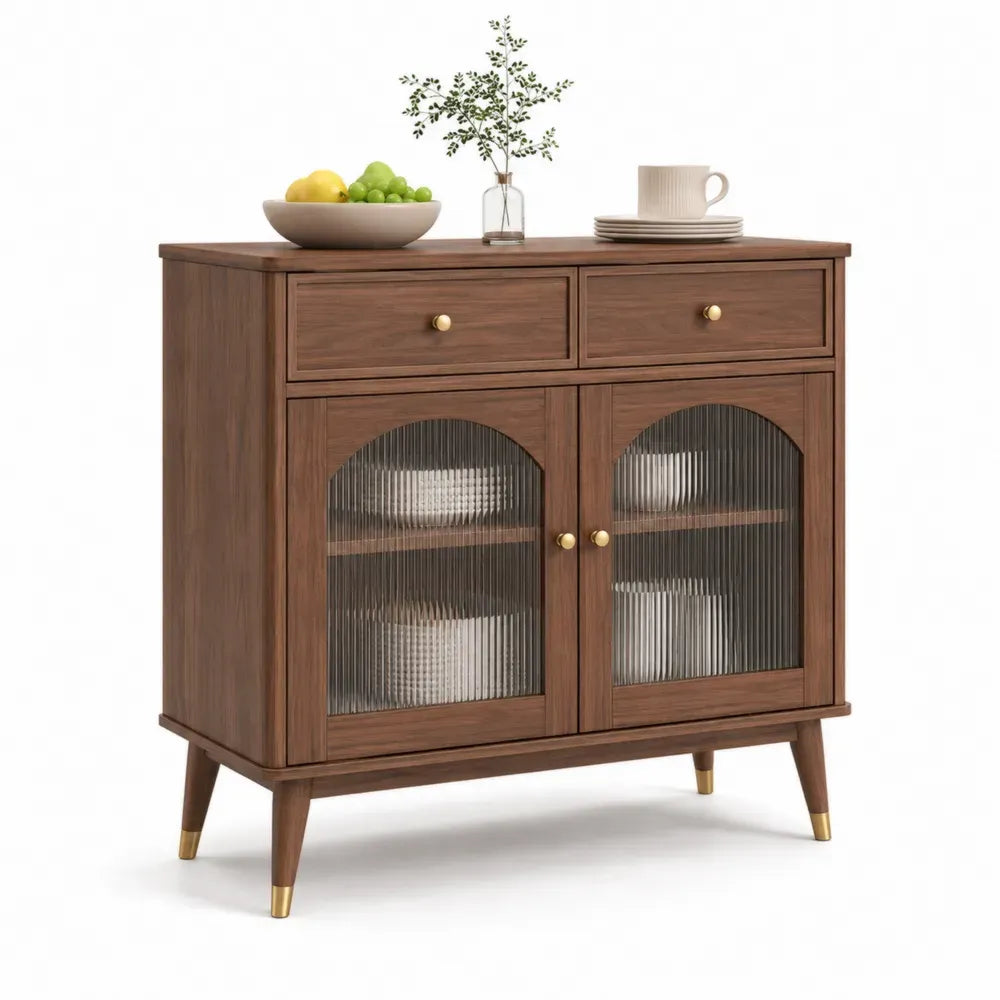 Holz-Sideboard mit geriffeltem Glas und goldfarbenen Knöpfen, 80x35x90 cm