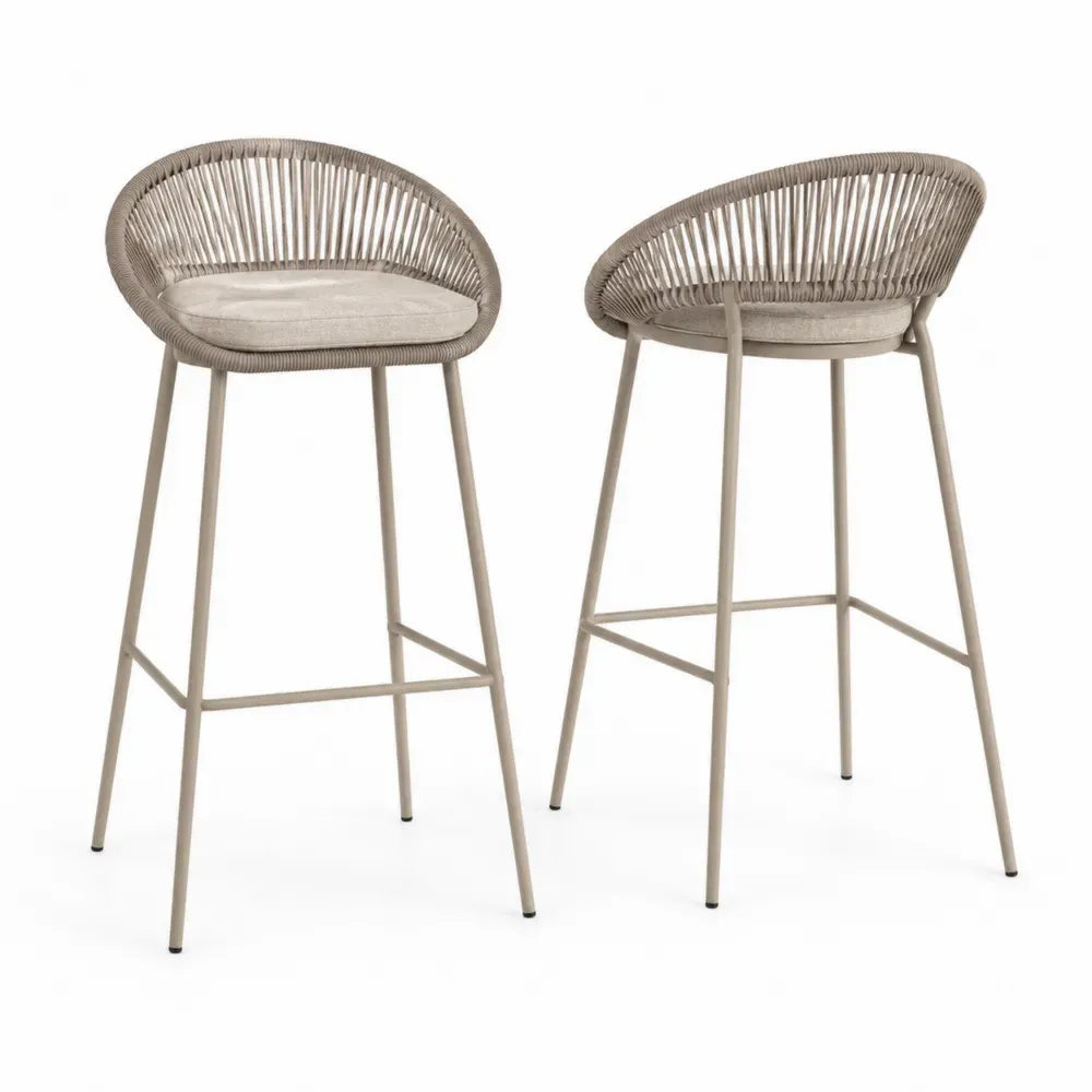 2er-Set Barstühle Stahl Beige mit Polyesterseilgeflecht