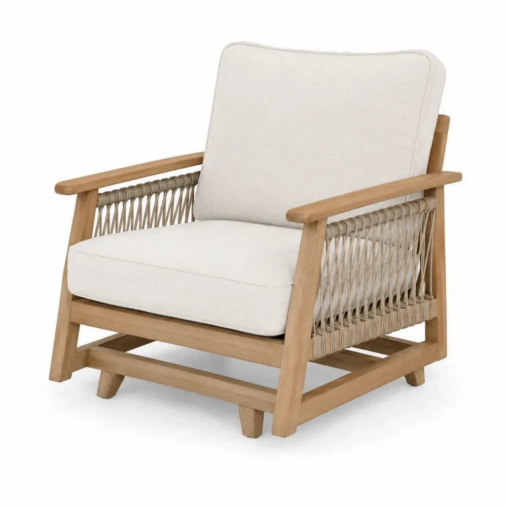Teakholzstuhl mit Seilgeflecht und Polyesterkissen Beige