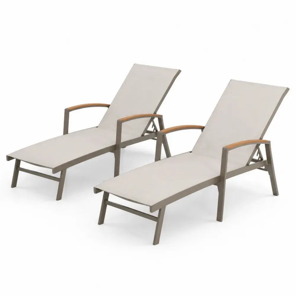 2er Set Gartenliegestühle Aluminium Textilgewebe Teakholz