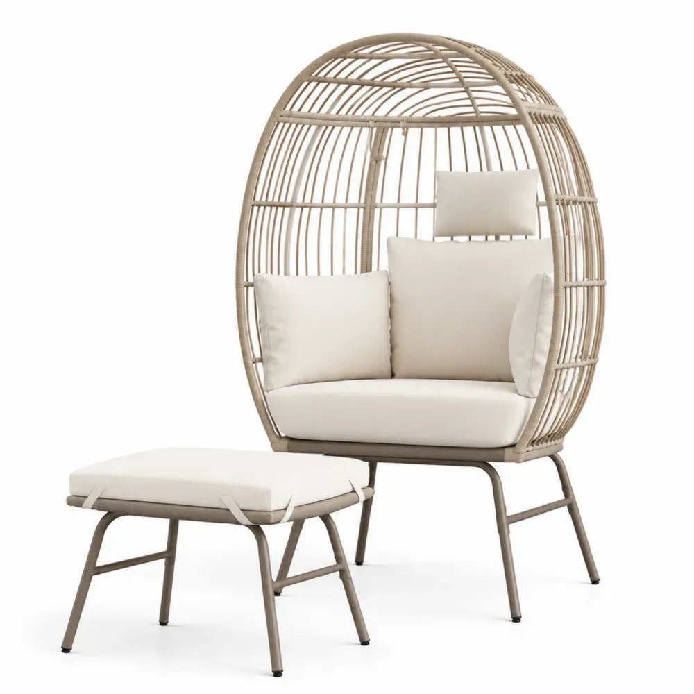 Outdoor-Stuhl Set aus Stahl und PE-Rattan mit Hocker Beige