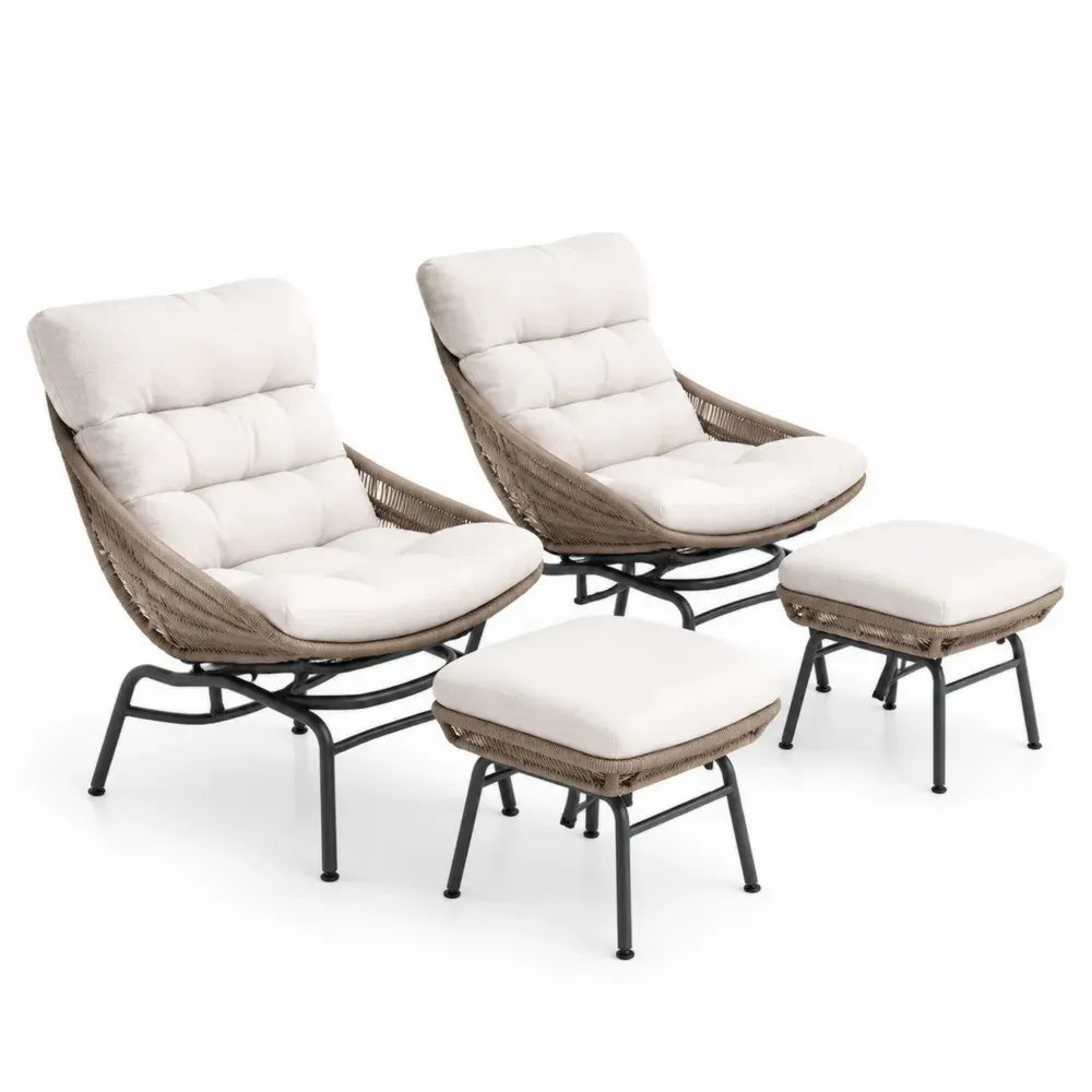 Gartenmöbel Set aus Polyethylen Rattan, 2 Stühle mit Hocker, Stahlrahmen