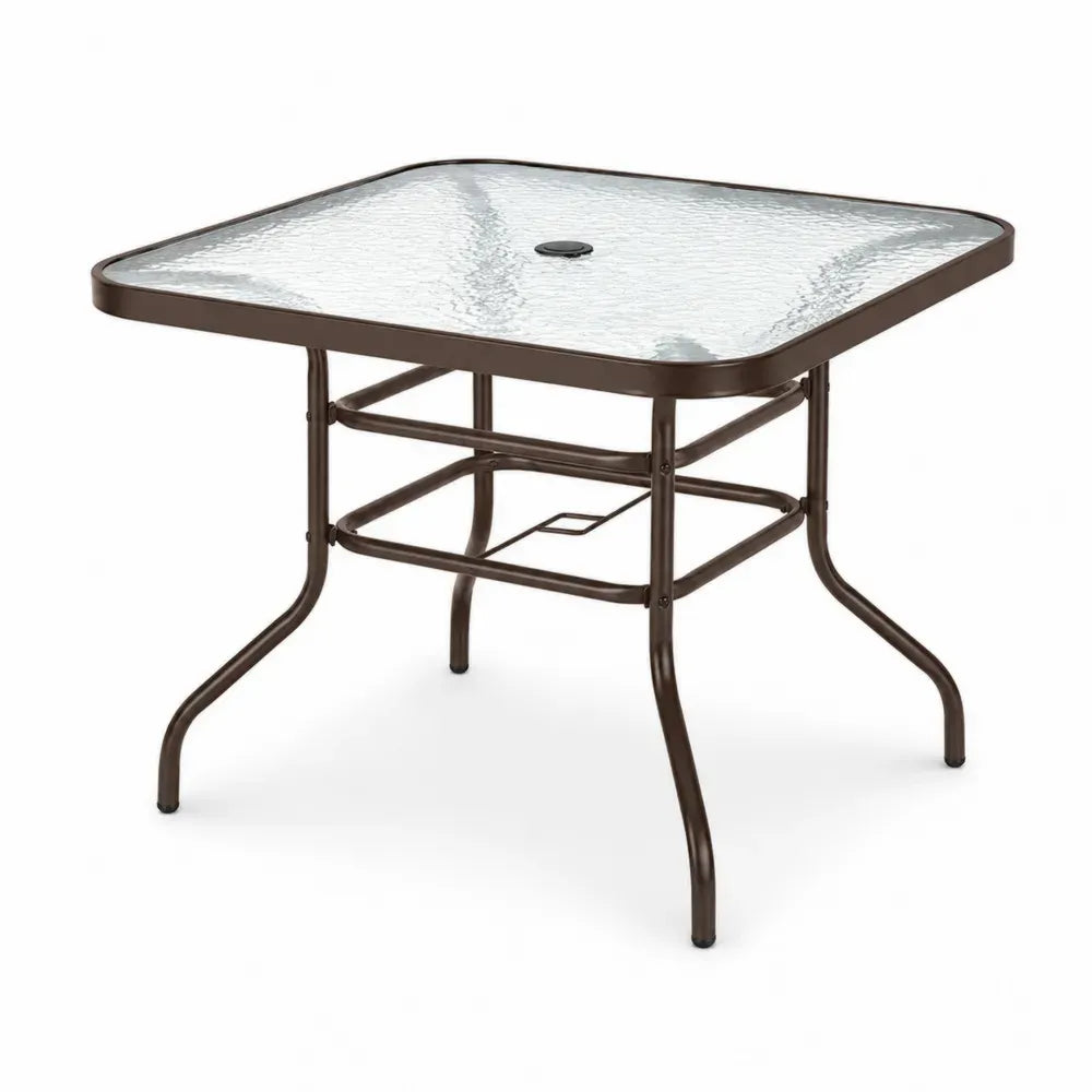 Quadratischer Gartentisch aus gehärtetem Glas und Metall in Braun