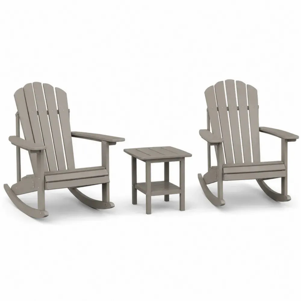 Sitzgruppe aus Holz mit 2 Adirondack Schaukelstühlen und Beistelltisch Grau