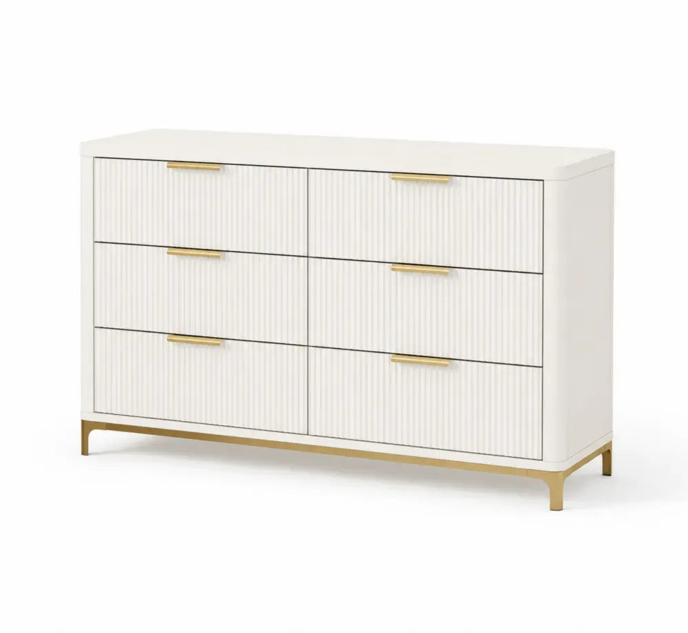 Kommode mit 6 Schubladen aus MDF und Metall, Weiß/Gold, 120x40x75cm