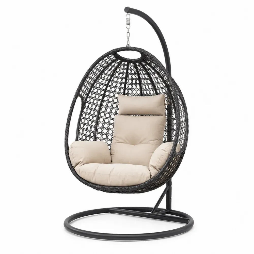 Polyrattan Hängesessel mit Stahlrahmen, Schwarz mit Beigen Kissen