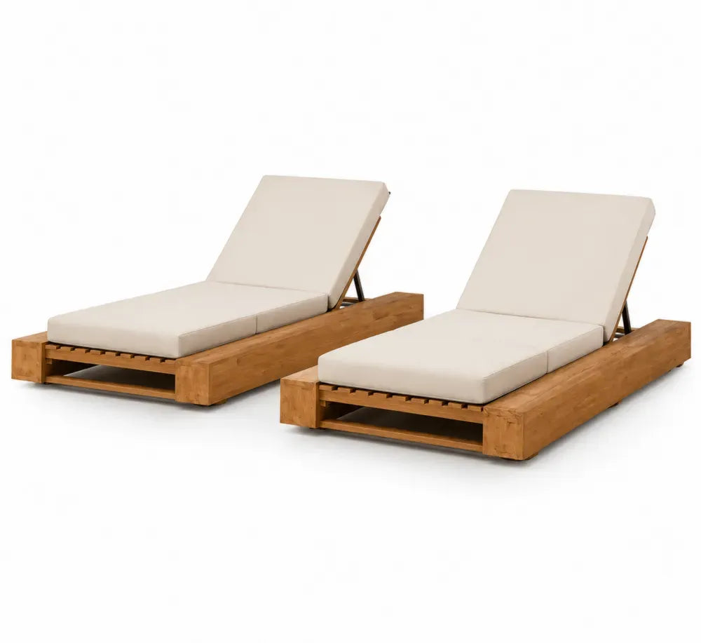 2er Set Teakholz Sonnenliegen mit Creme Kissen Verstellbar
