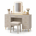 Schminktisch Set mit Hocker und LED-Spiegel, MDF und Eiche, Beige und Gold
