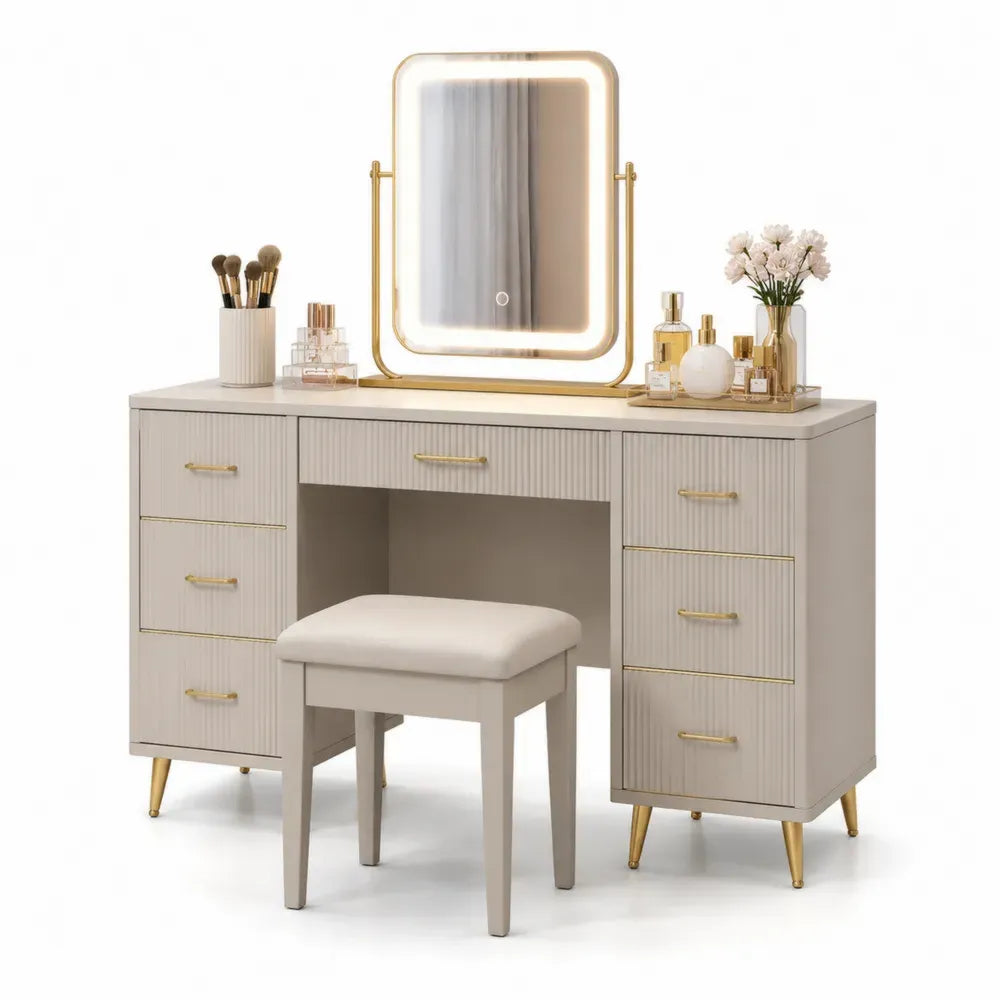 Schminktisch Set mit Hocker und LED-Spiegel, MDF und Eiche, Beige und Gold