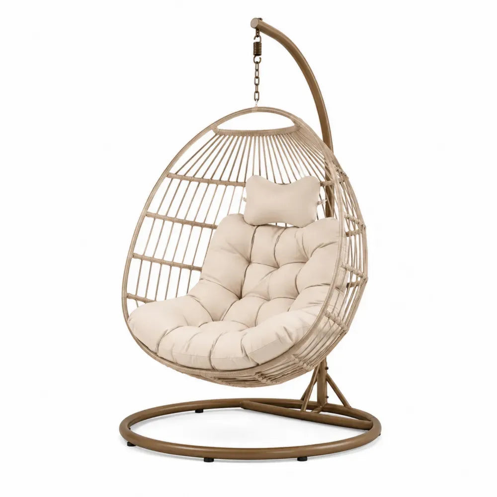 Rattan Hängesessel mit Stahlrahmen und Polyesterkissen Beige