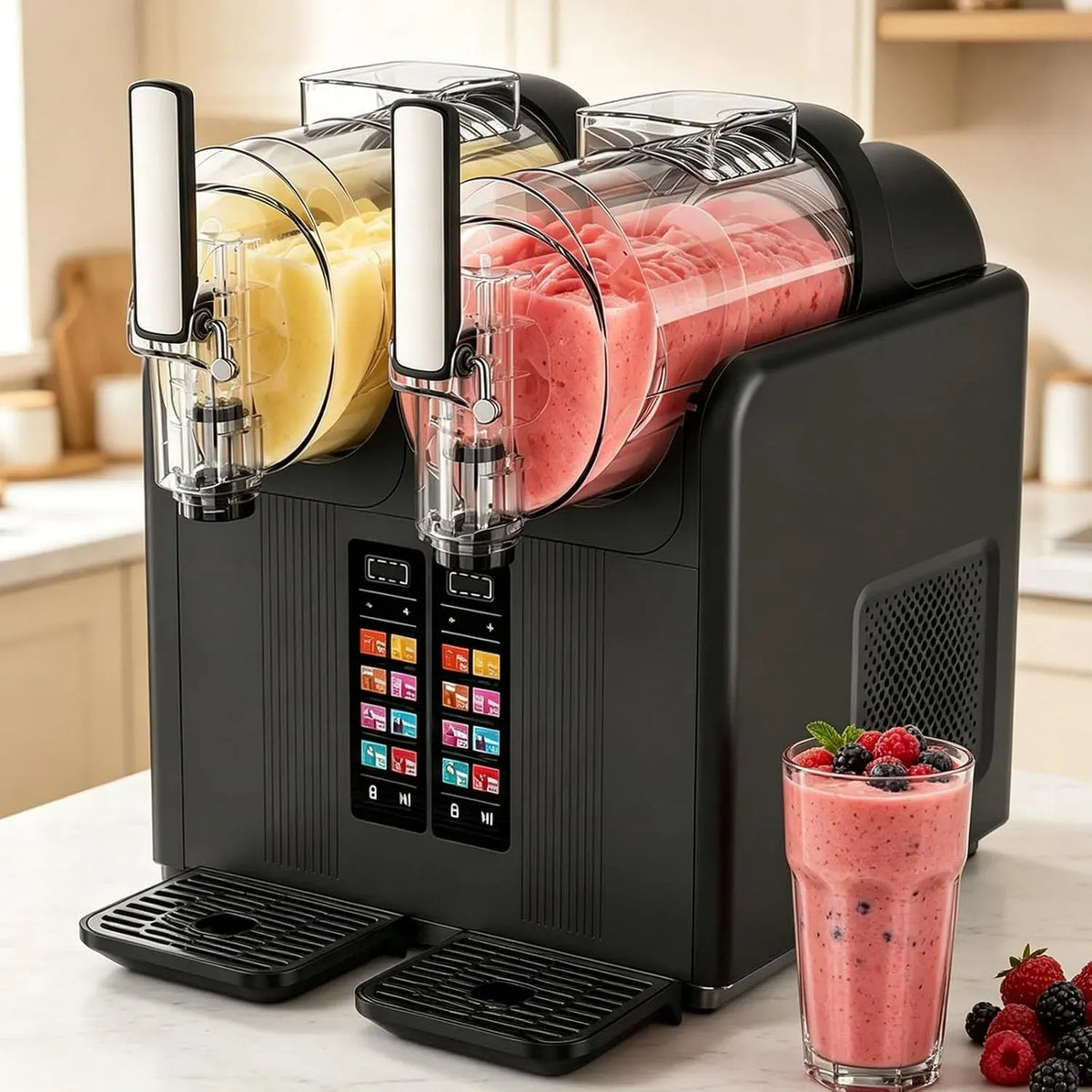 X 2 Softeismaschine, Slush-Maschine, Doppelbehälter, Speiseeismaschine, Slush-Eisbereiter, 2 L, Touch-Bedienung, 7 Programmen, Schwarz