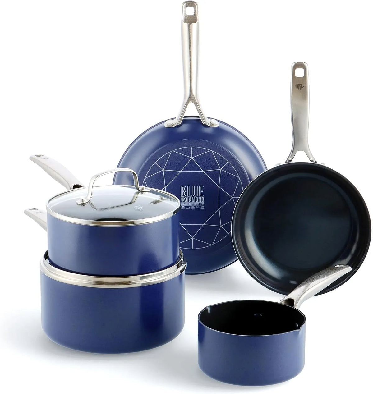 Geschirrspüler 7-teiliges, Spülmaschine, Antihaftbeschichtung, Blau, Blue Diamond Cookware Diamantstruktur Keramik Antihaft, Backofenfest bis 200°C