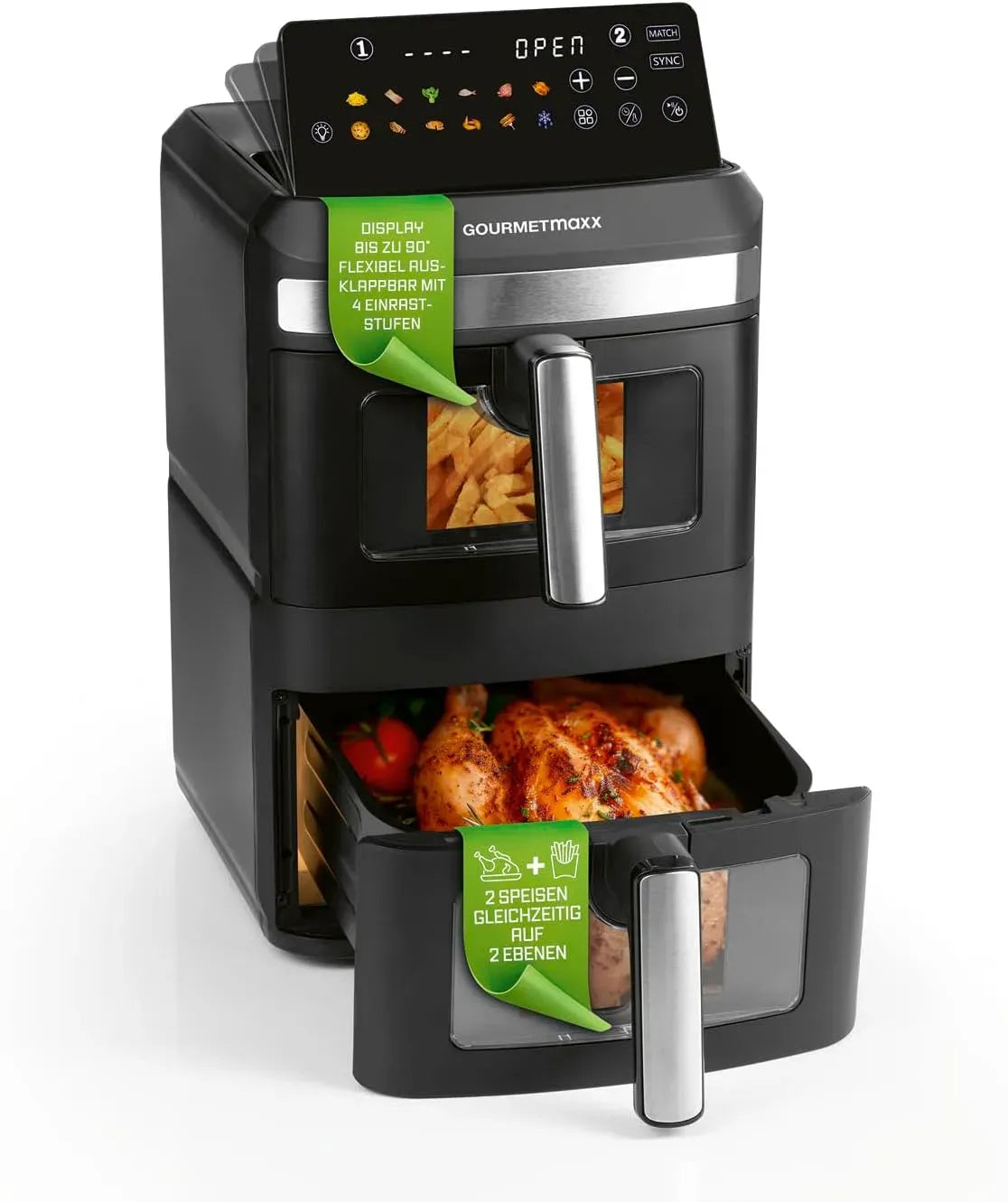 Heißluftfritteuse, 12 L, elektrische Fritteuse ohne Öl, GOURMETmaxx FryUp XL vertikale Doppelkammer Heißluftfritteuse mit Sichtfenster