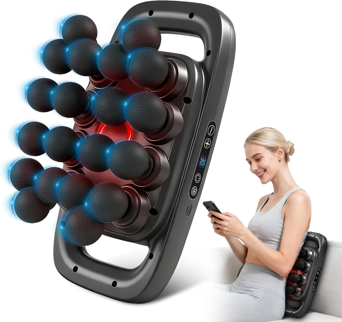 20-Kopf Massagepistole, Massagegerät, Muskelmassagegerät, 3 Modi, 30 Stufen, Schwarz, für Rücken/Schulter/Beine/Taille