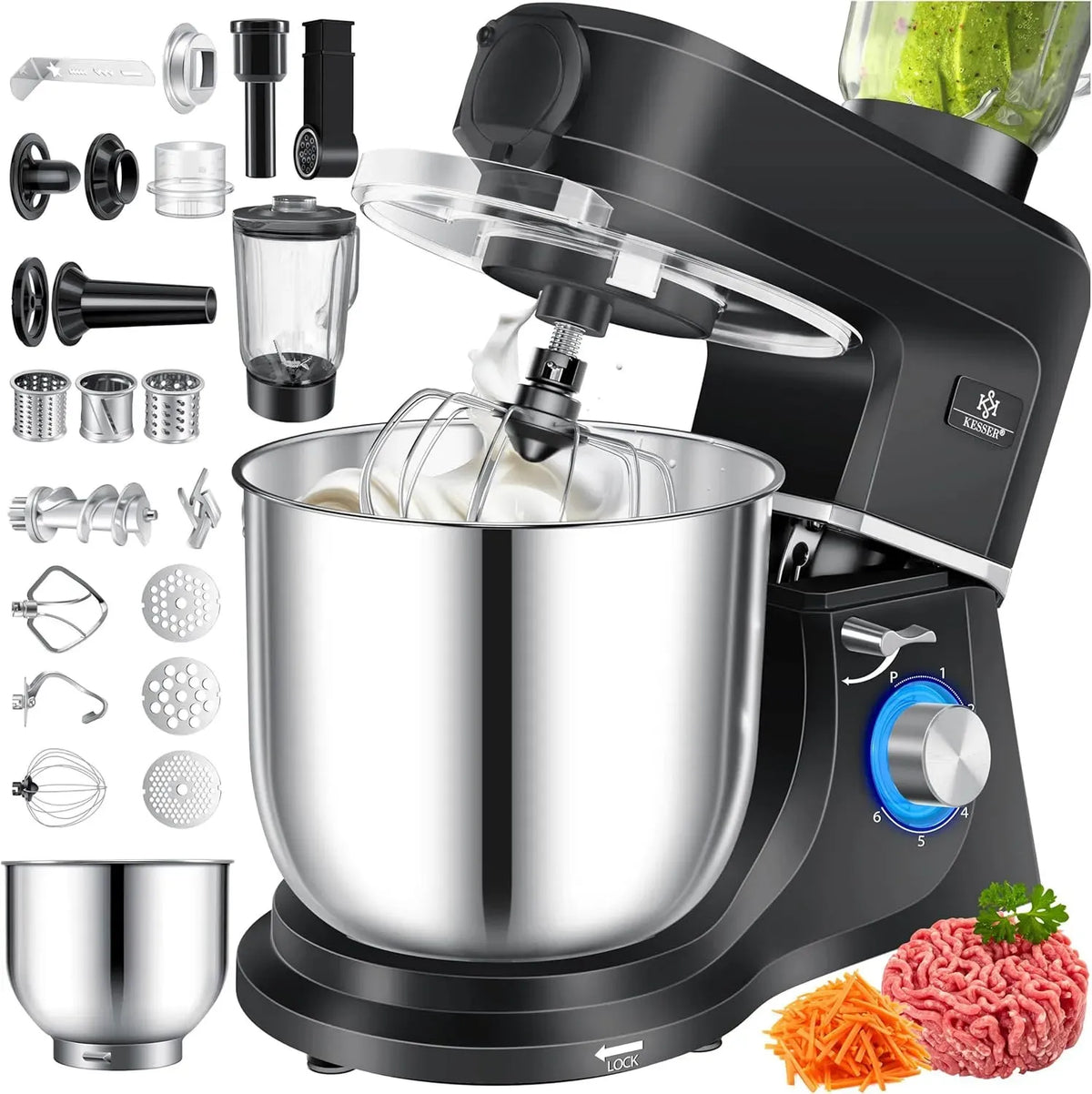 Küchenmaschine 3in1, 5,5 L, 1500 W, Schwarz, 1500W Knetmaschine 5,5L Rührschüssel + Spritzschutz, 6 Geschwindigkeiten