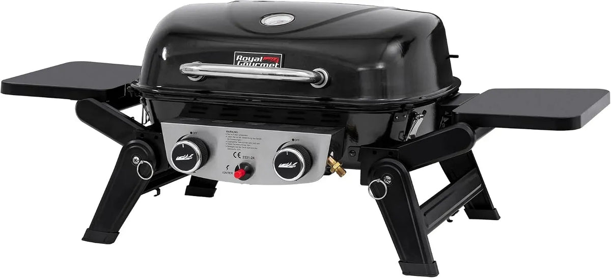 2-Brenner Tischgrill, Gasgrill, elektrischer Tischgrill, Grill mit Gasbetrieb, 5 kW, tragbar, Schwarz, für Balkon, Royal