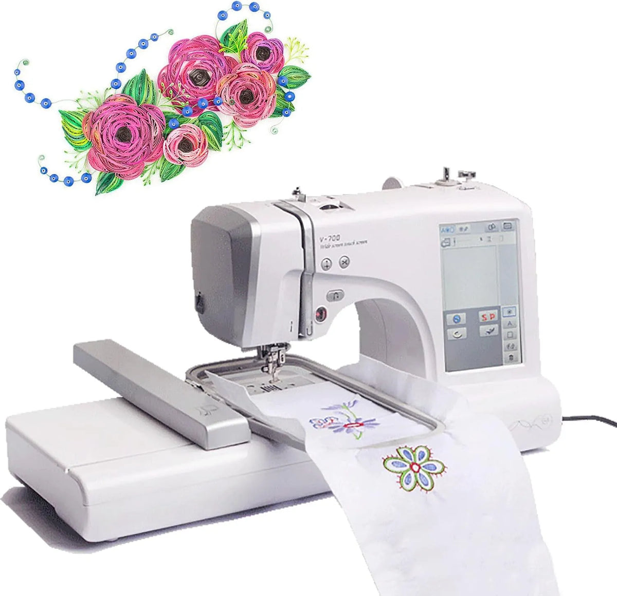 Gerätezubehör 7-Zoll-Touchscreen, Touch-Bedienung, USB, 162 integrierte Stiche, 10 Schriftarten, 150 Stickdesigns, USB-Konnektivität