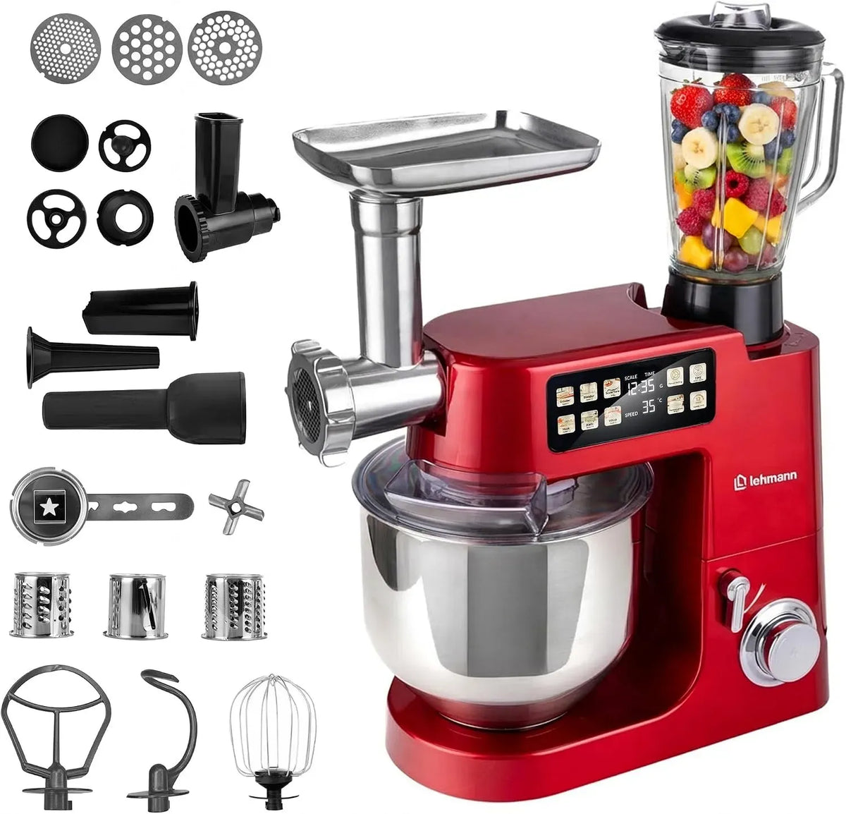 Küchenmaschine, 8 L, 2100 W, LEHMANN, Touch-Bedienung, Pizza, Rot, Planetarische Knetmaschine für Brot- & Pizzateig, Touchdisplay, 1,5-Liter-Mixer