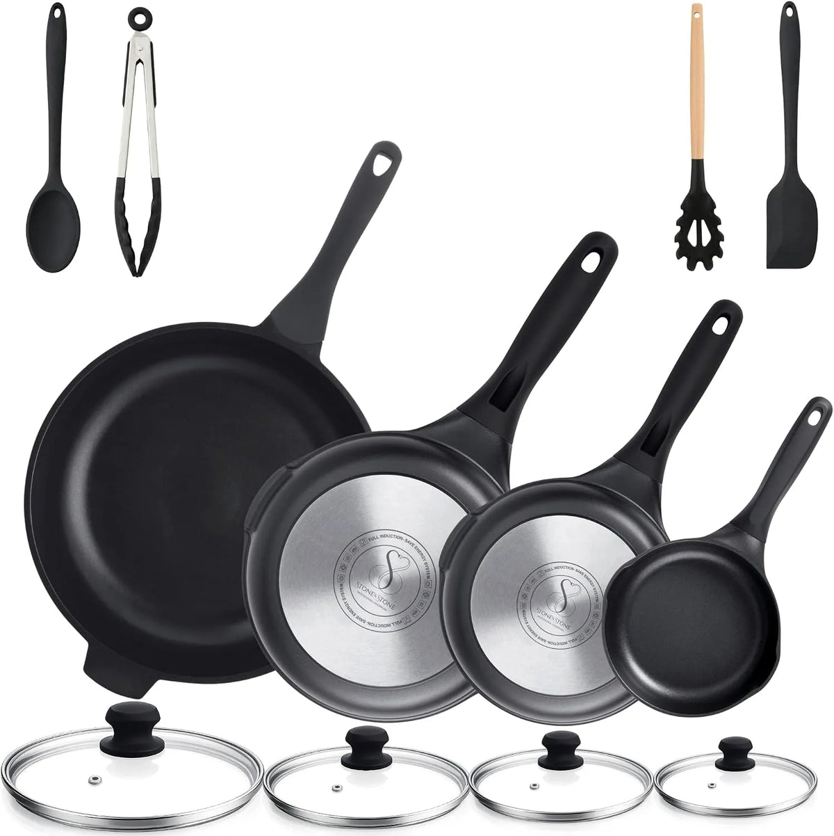 4er Stone&Stone Pfannen Set Induktion Set, Induktionspfannen Set für Gas und Induktion, Antihaft Pfannenset 20/24/28/32 cm mit Deutscher, 4 Deckeln