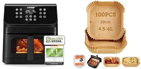Heißluftfritteuse, Cosori CP358, elektrische Fritteuse ohne Öl, Heißluftfritteuse & Sechsteiliges Zubehörset & Backpapier für Heißluftfritteuse