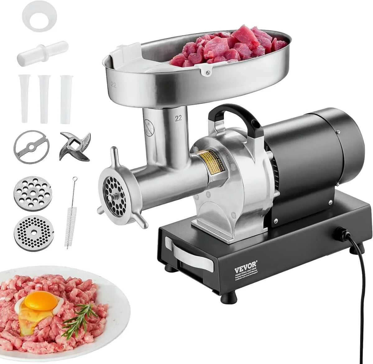 VEVOR Wurstmaschine, Fleischwolf, 750 W, 6,35 kg/Min, Industrie, gewerblich, Restaurant, Edelstahl, für Küche & Restaurant