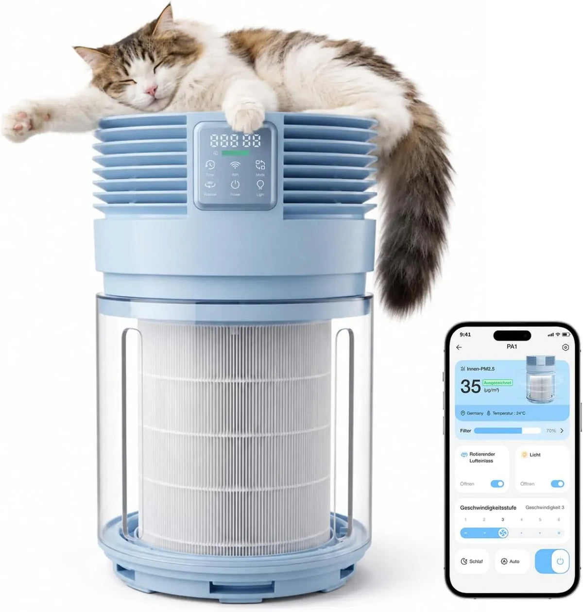 Luftreiniger, 320 m³/h, PETGUGU CADR 320 H13, App, leise, 99,97% Filtration, 360° Lufteinlass, Ultraleise, App-Steuerung, PA1