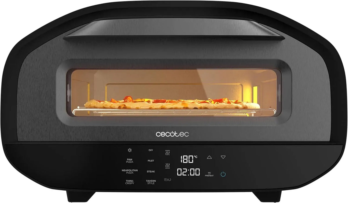 Cecotec Elektrischer Pizzaofen, 12 L, 1700 W, 80 bis 430 °C, Timer, 2 Temperaturzonen, 8 Funktionen
