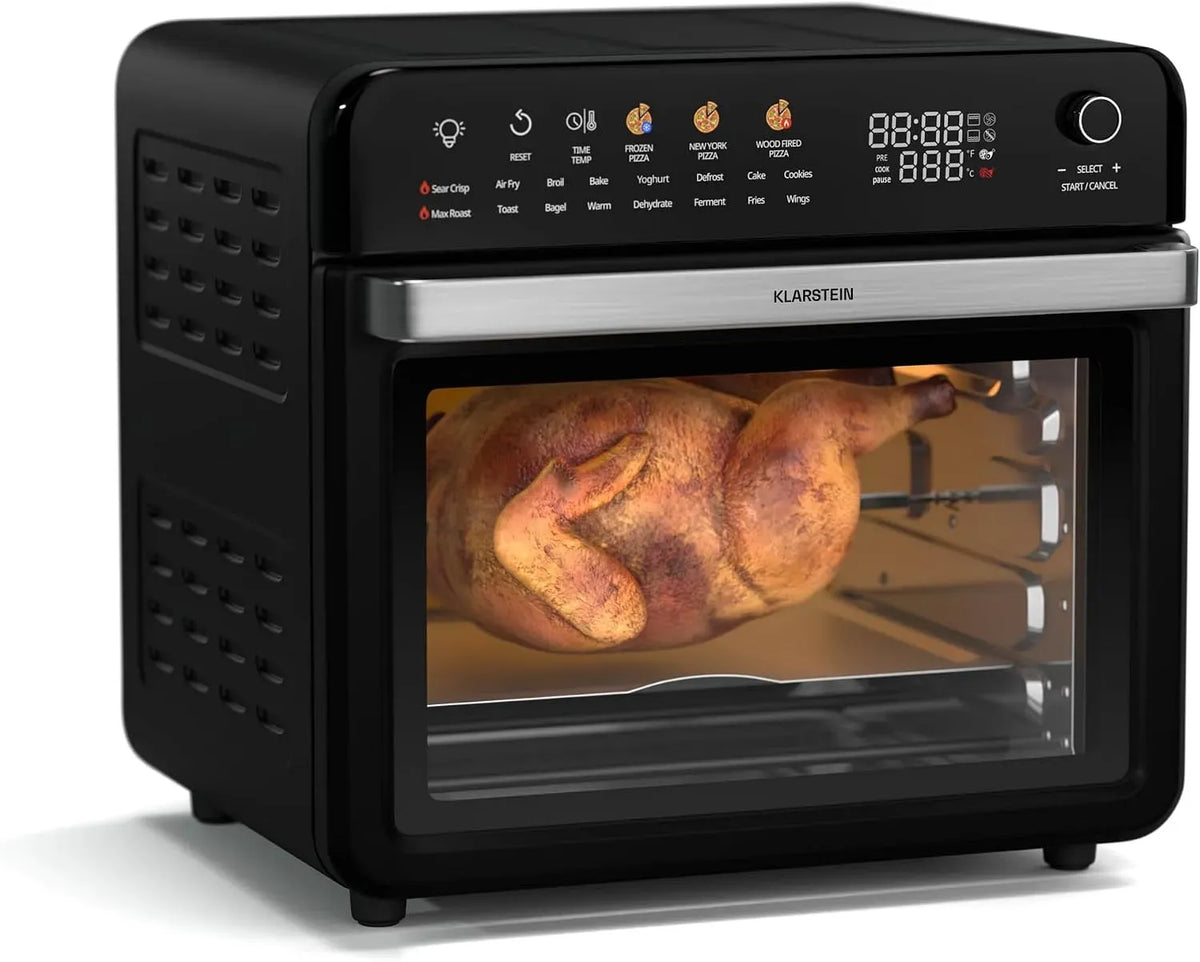 Klarstein Heißluftfritteuse, 34 L, 19 Programme, 40 bis 350 °C, Touch-Bedienung, Grill, Pizza, Schwarz, Pizzastein & Grillroste, 2,000 W