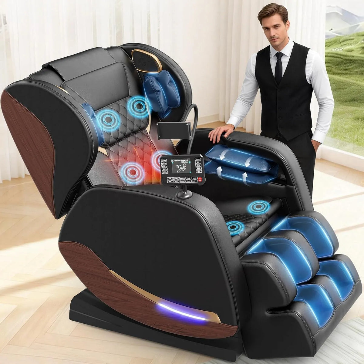 Relax- und Massagesessel, 12 cm, Transportrollen, Touch-Bedienung, Bluetooth, 12 cm verstellbare Fußstütze, 14 Ganzkörper-Massagerollen, 8 Airbags