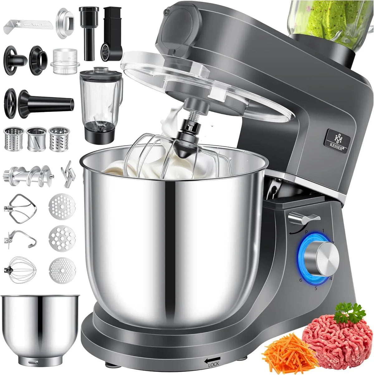 Küchenmaschine 3in1, 5,5 L, 1500 W, 1500W Knetmaschine 5,5L Rührschüssel + Spritzschutz, 6 Geschwindigkeiten