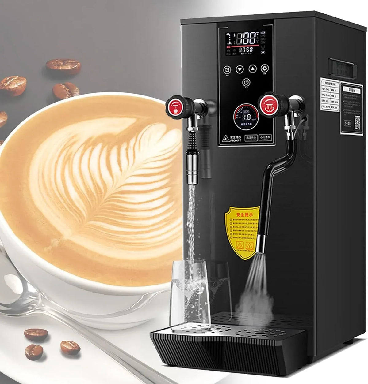 Dampf-Wasseraufschäumer, Milchaufschäummaschine, 12 L, 2500 W, LCD-Display, 2 Temperaturzonen, Schwarz, für Cafés Und Teestuben