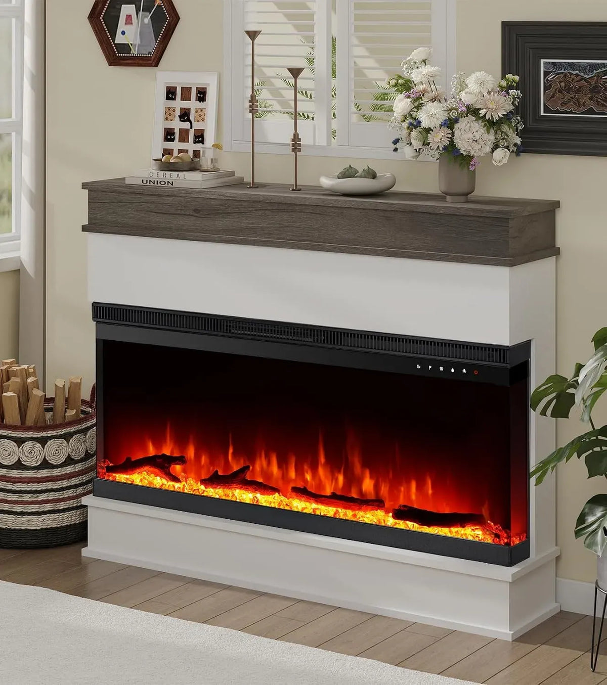 3-seitiger Kamin, Heizgerät, 60 Zoll, 750 W, Wärmefunktion, Weiß, Holz, M.C.Haus