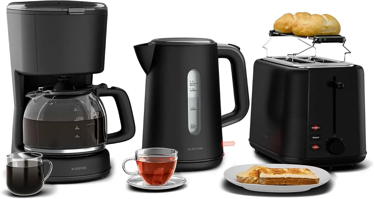 Klarstein Kaffeemaschine, 1,7 L, Warmhaltefunktion, Toaster 2 Scheiben mit Brötchenaufsatz, Wasserkocher 1,7L, 7 Bräunungsstufen
