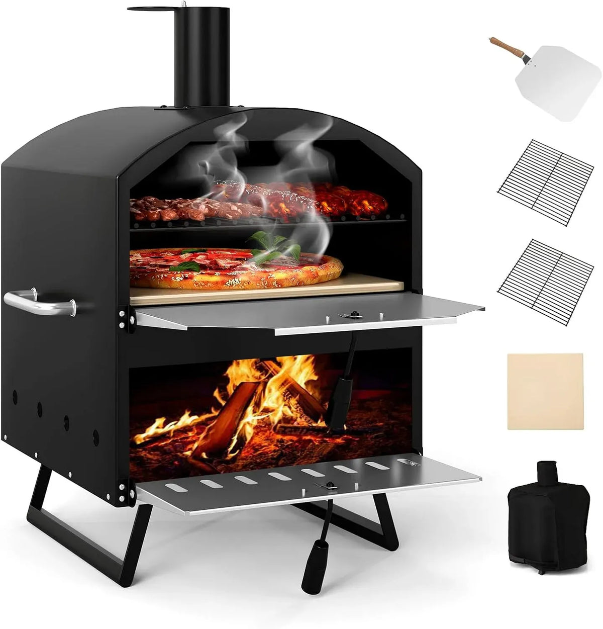 Elektrischer Pizzaofen, COSTWAY 2-lagigem, tragbar, Outdoor, IP65, Grill, Camping, Pizza Ofen mit Grillrost, quadratischem Stein, Pizzaschaufel
