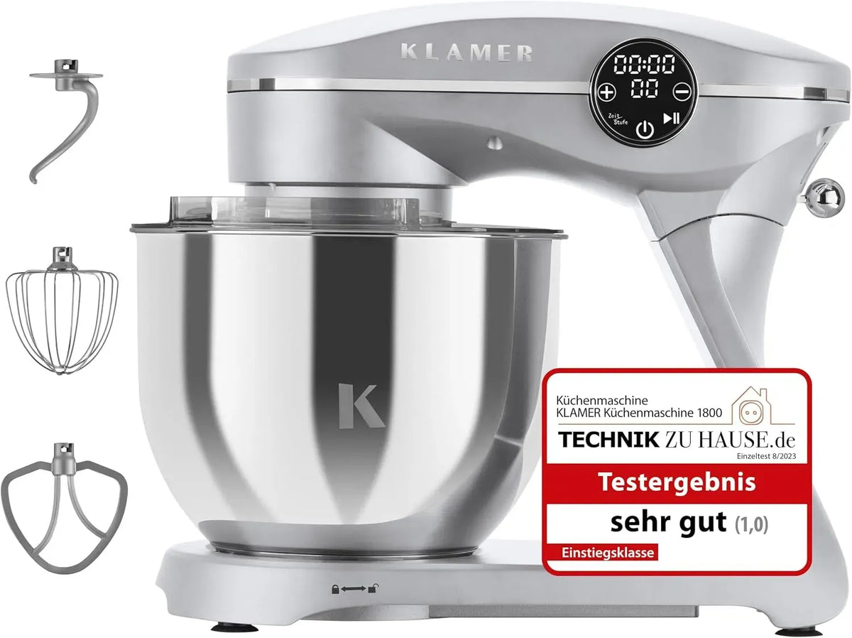 Küchenmaschine, 6 L, 1800 W, KLAMER, Edelstahl, Knetmaschine Brotteig mit 6L Edelstahlschüssel