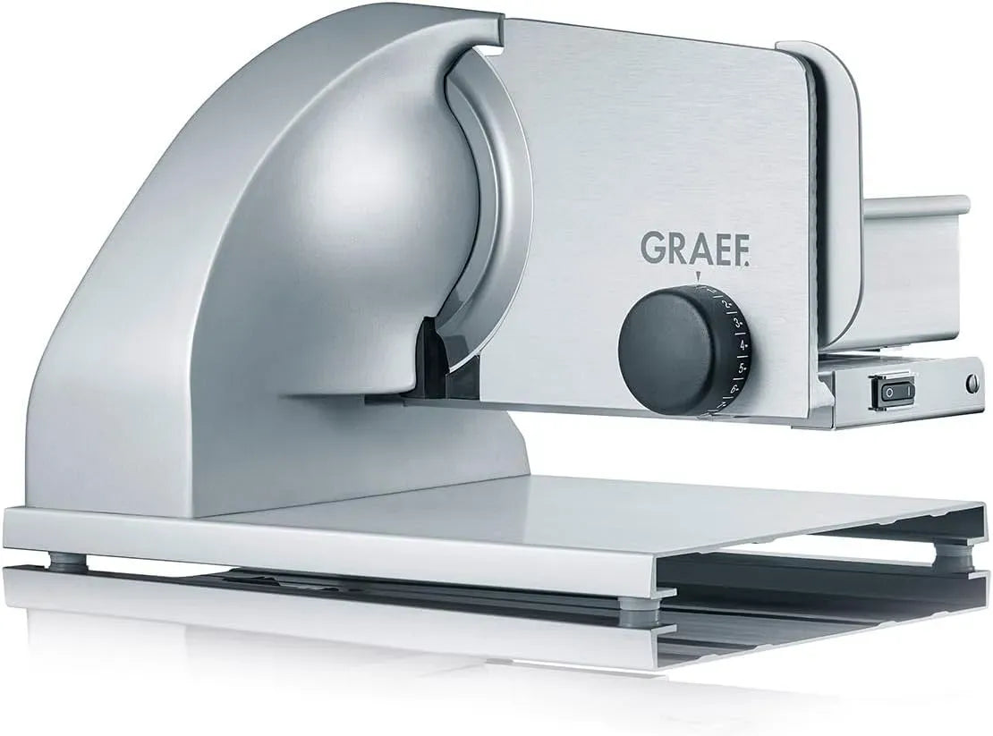 GRAEF 185-Watt-Motor Vollstahlmesser, Allesschneider, Schneidemaschine für Lebensmittel, 15 mm, leise, Silber, aluminium